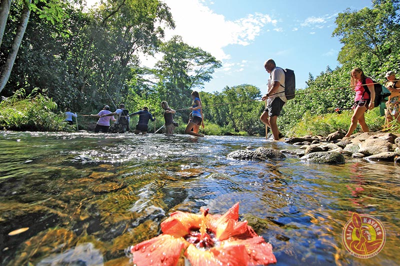 a group of people standing in Wailua River