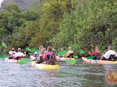 a group of people riding on the back of a boat